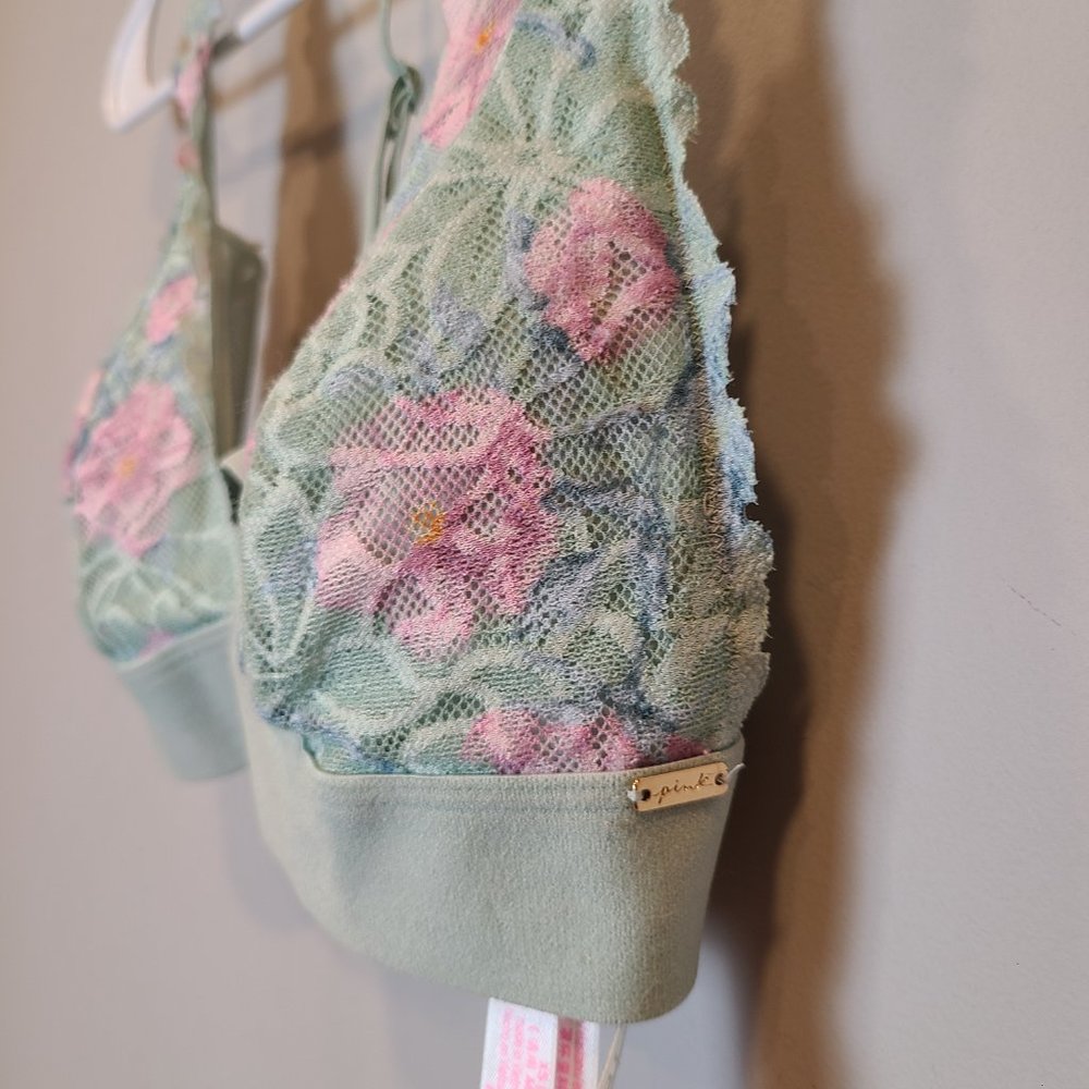 PINK Victorias Secret Bra Bralette Extra Small Green Lace Floral Pink Flowers - Picture 2 of 7
